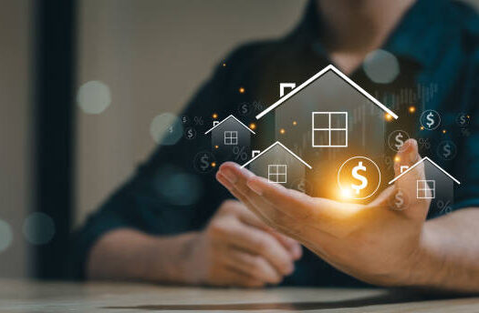 Homeowner considering the cost of buying a home, shown as house and dollar icons