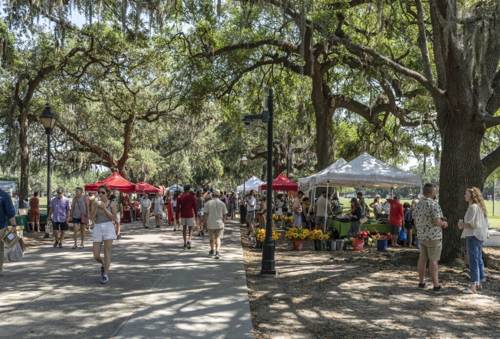 Forsyth Park farmers market under live oaks in Savannah