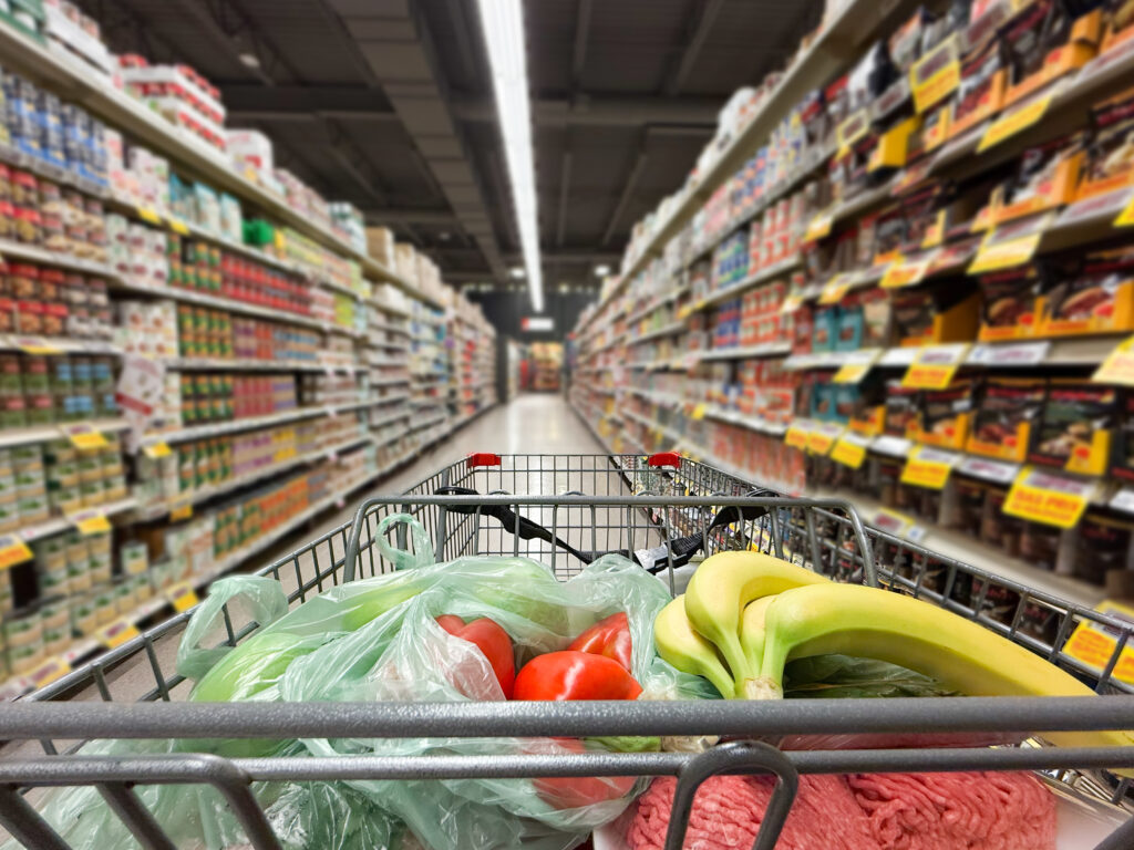 Shopping cart in a supermarket aisle