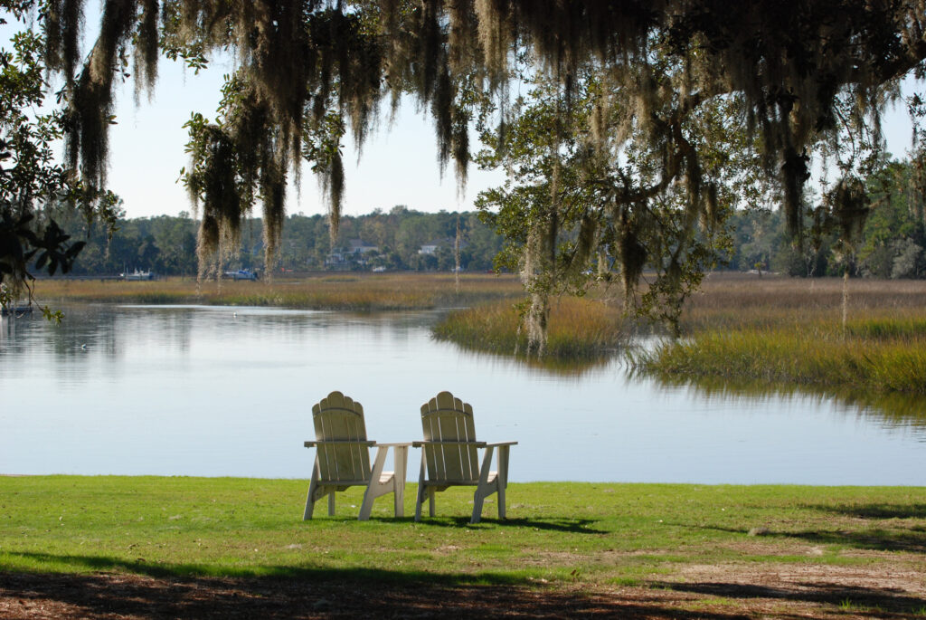Lawn chairs overlooking the marsh in the Savannah Lowcountry