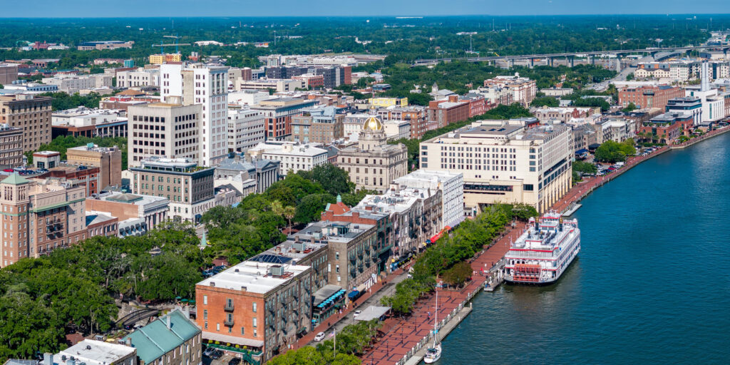 Drone view of the historic Savannah waterfront