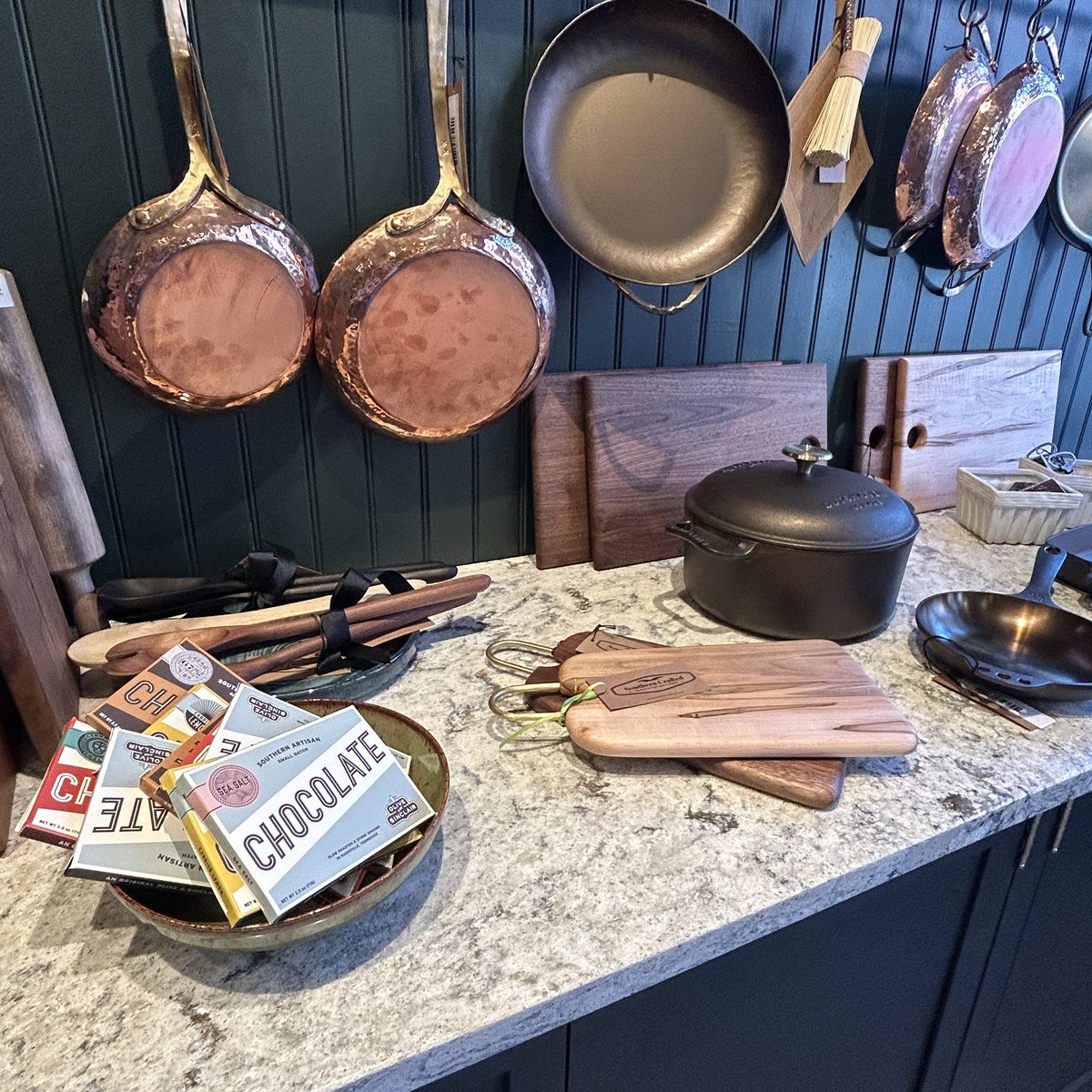 Southern made pottery and home goods on the shelves at Southern Crafted on Bull Street in Savannah